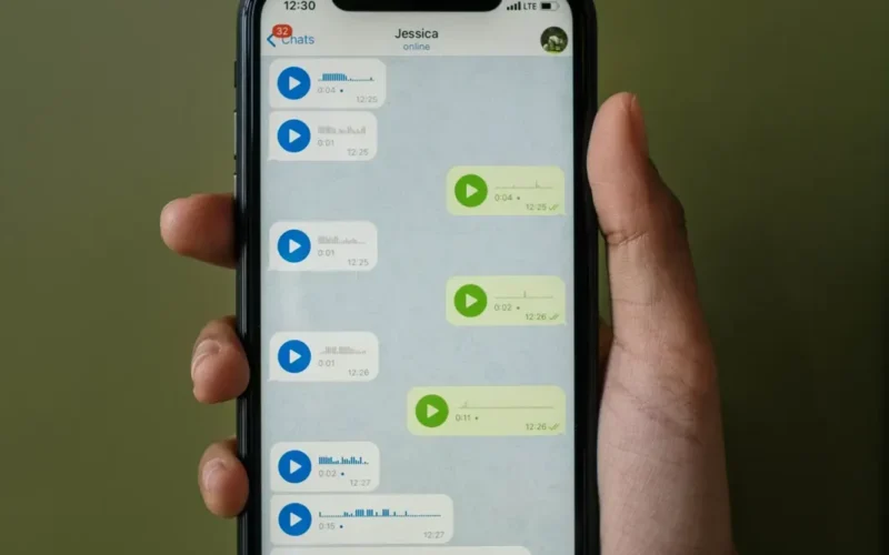 Hand holding a smartphone showing a messaging app.