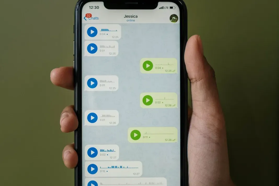 Hand holding a smartphone showing a messaging app.