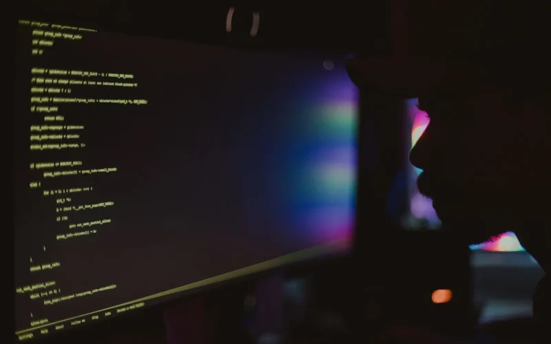 Silhouette of a programmer in a dark room facing a monitor full of code.