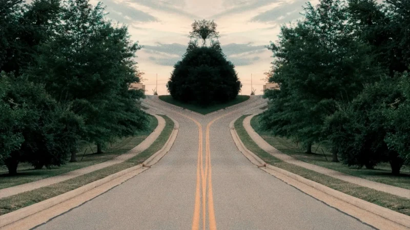 A symmetrical road splitting into two paths among trees