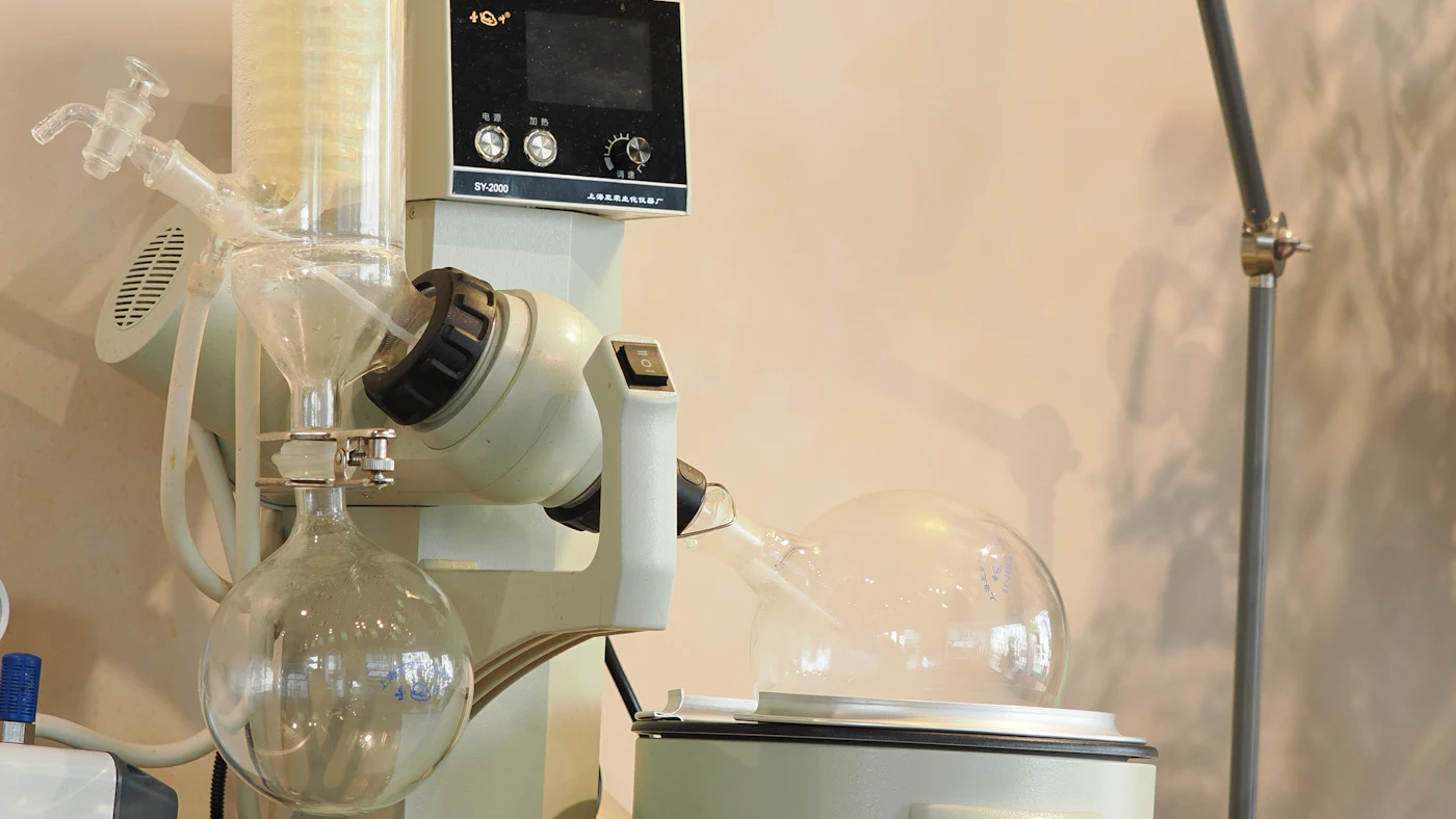 Rotary evaporator with glass flasks on a laboratory bench, a still used to distil liquids