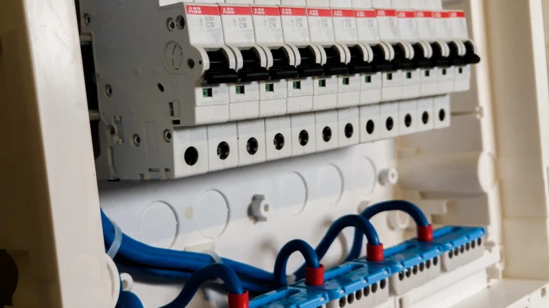 Row of circuit breaker switches in an open electrical panel, the kind of switch that takes a site offline