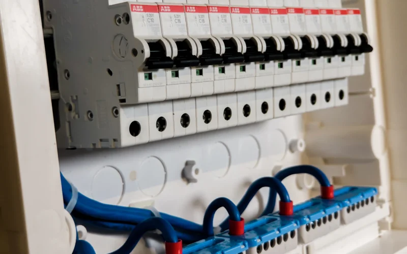 Row of circuit breaker switches in an open electrical panel, the kind of switch that takes a site offline
