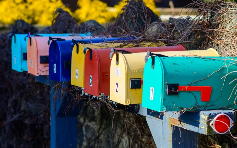 A row of colourful mailboxes beside a bush