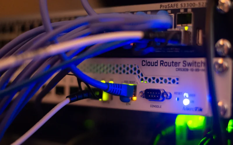 Network cables connected in a server rack