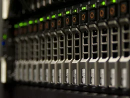 Server rack with blinking green lights