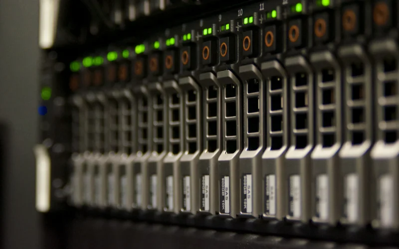 Server rack with blinking green lights