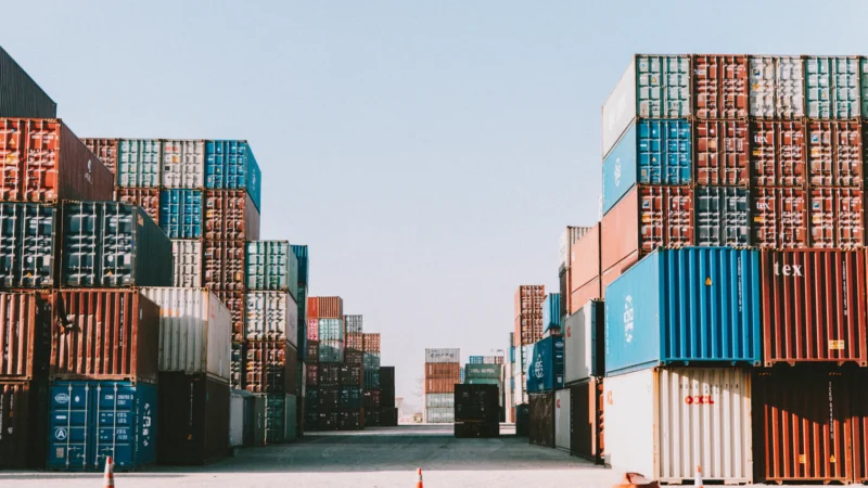 Stacks of shipping containers lining a port yard under a clear sky