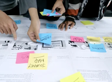 Team collaborating with sticky notes