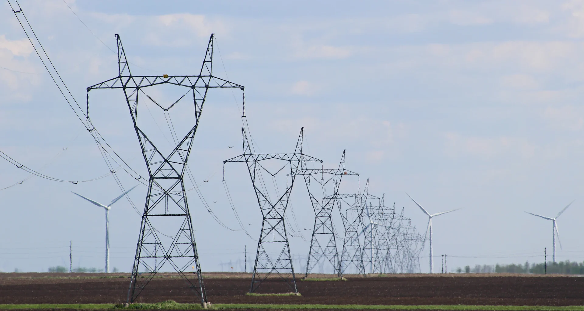 Row of high-voltage transmission towers crossing flat farmland under a pale sky