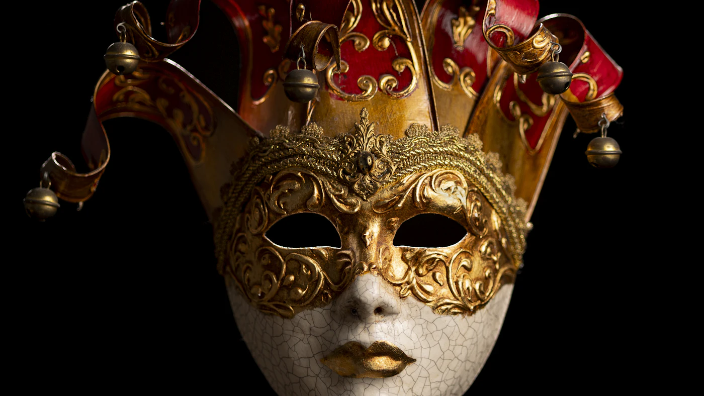 Gold and red Venetian jester mask with bells, lit against a black background