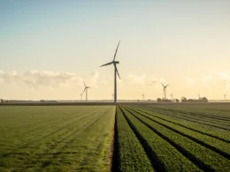 Wind turbines in a green field under blue sky