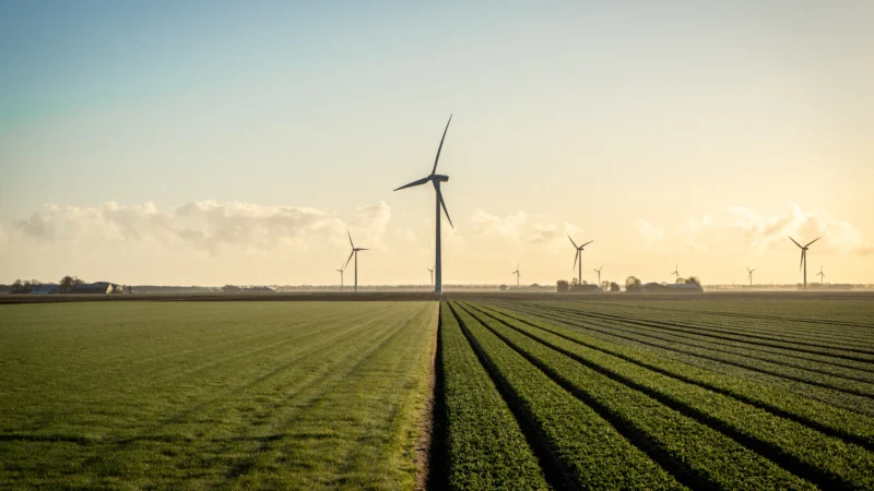 Wind turbines in a green field under blue sky